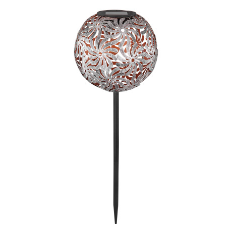 Solárne svietidlo, kov strieborný, s hrotom na zapichnutie do zeme, s dekoratívnym dierovaním, IP44, 2