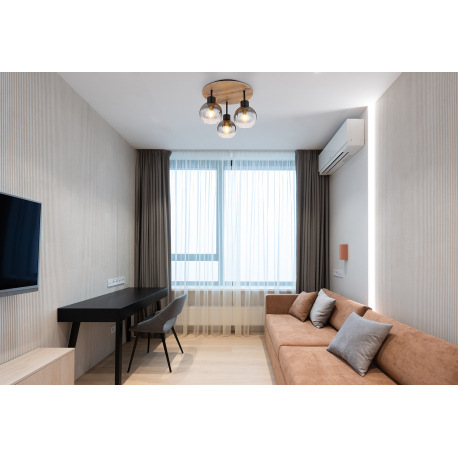 Stropné svietidlo kov čierny matný, MDF, imitácia tmavého dreva, dymové sklo, ø: 380mm, V: 300mm, be 9