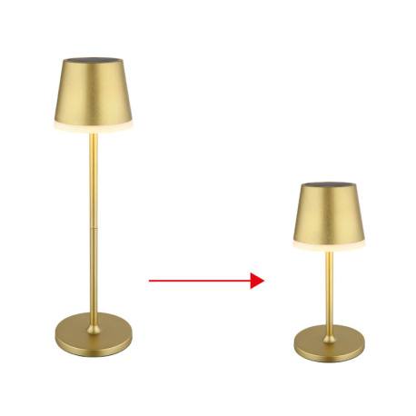 Solárne svietidlo, kov/plast zlatá metalíza, plast satinovaný, posuvný spínač, batéria CR18650 1200m 15