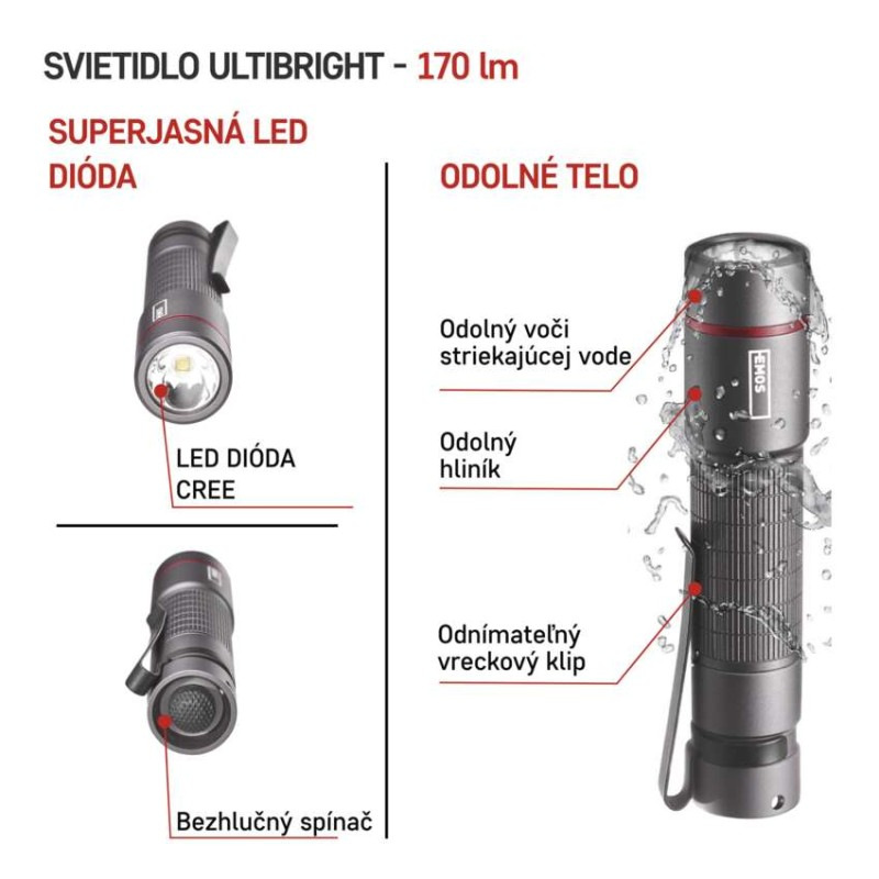 CREE LED kovové svietidlo Ultibright 60, 170lm, 1xAA 1