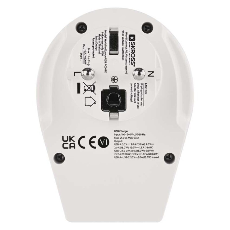 Cestovný univerzálny adaptér pre cudzincov do strednej Európy, 1×USB-C, 1×USB-A 3
