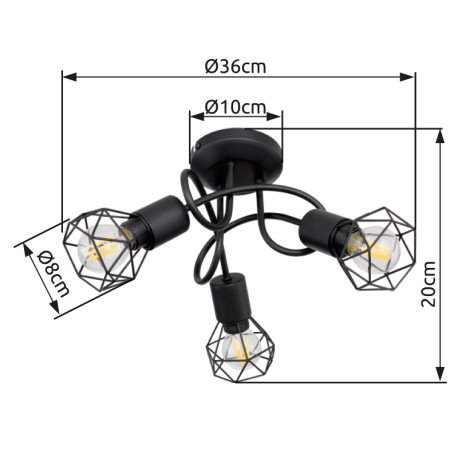 Stropné svietidlo, čierny kov, Ø360, V: 200, bez žiaroviek 3xE14, max. 40W 230V 12