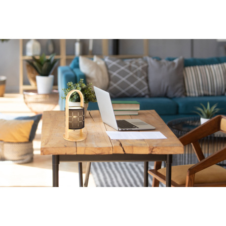 Stolná lampa prírodné drevo, textil čierny, kábel PVC čierny, kolískový vypínač na kábli, ø: 160mm, 8