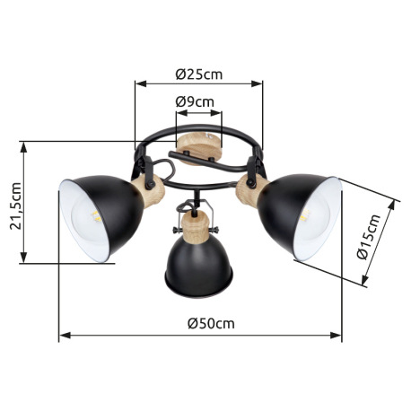 Stropné svietidlo, kov čierny, kov vo farbe imitujúcej drevo, Ø500, V:215, bez žiaroviek 3xE27, max. 12