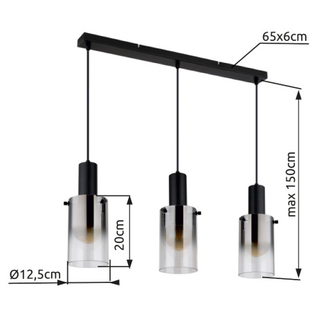 Závesné svietidlo, kov čierny, sklo dymové, priehľadné, kábel PVC čierny, možnosť skrátenia výšky, D 16