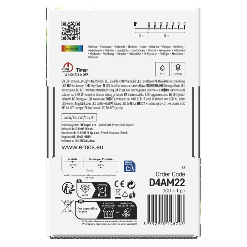 LED vianočná reťaz, 8 m, vonkajšia aj vnútorná, multicolor, programy, časovač 10