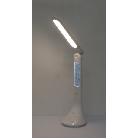 Nabíjateľná stolová lampa, plast, biela, hodiny, kalendár, budík, s adaptérom, zapnutie dotykom, dot 11