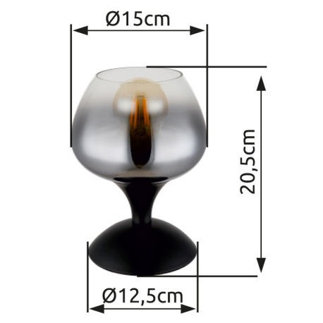 Stolové svietidlo, kov čierny matný, sklo dymové, číre, kábel čierny textil, kolískový vypínač na ká 5