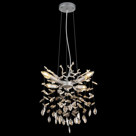 Závesné svietidlo, kov strieborný matný, sklenené krištále dymové, číre, výškovo nastaviteľné, flexo 9