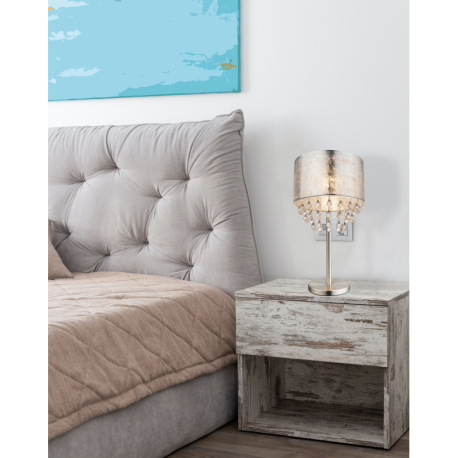 Stolová lampa, kov nikel matný, textil strieborný, akrylové krištále priehľadné, kábel 1,5m, vypínač 2