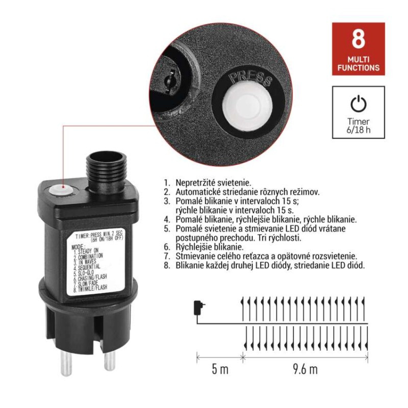 LED nano reťaz na cievke, strieborný, 9,6 m, multicolor, časovač 7