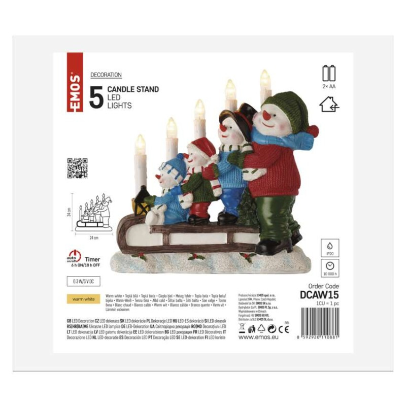 LED svietnik – snehuliaci na saniach, 24 cm, 2x AA, vnútorný, teplá biela, časovač 6