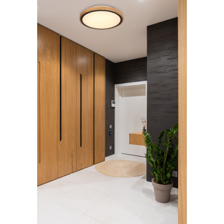 Stropné svietidlo, kov čierny, drevo hnedé, akryl biely, ø: 307mm, V:90mm, vrátane LED 12W 230V, 120 1