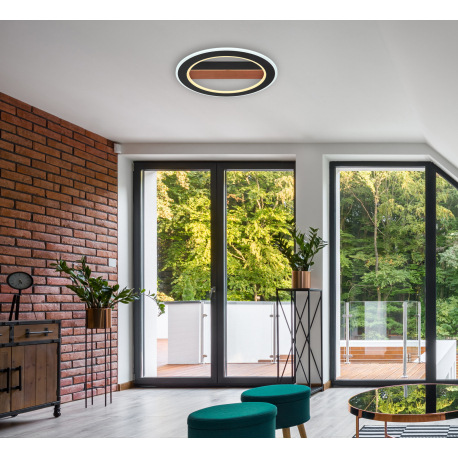 Stropné svietidlo, kov čierny, drevo tmavohnedé, akryl biely, ø: 450mm, V:55mm, vrátane LED 30W 230V 12