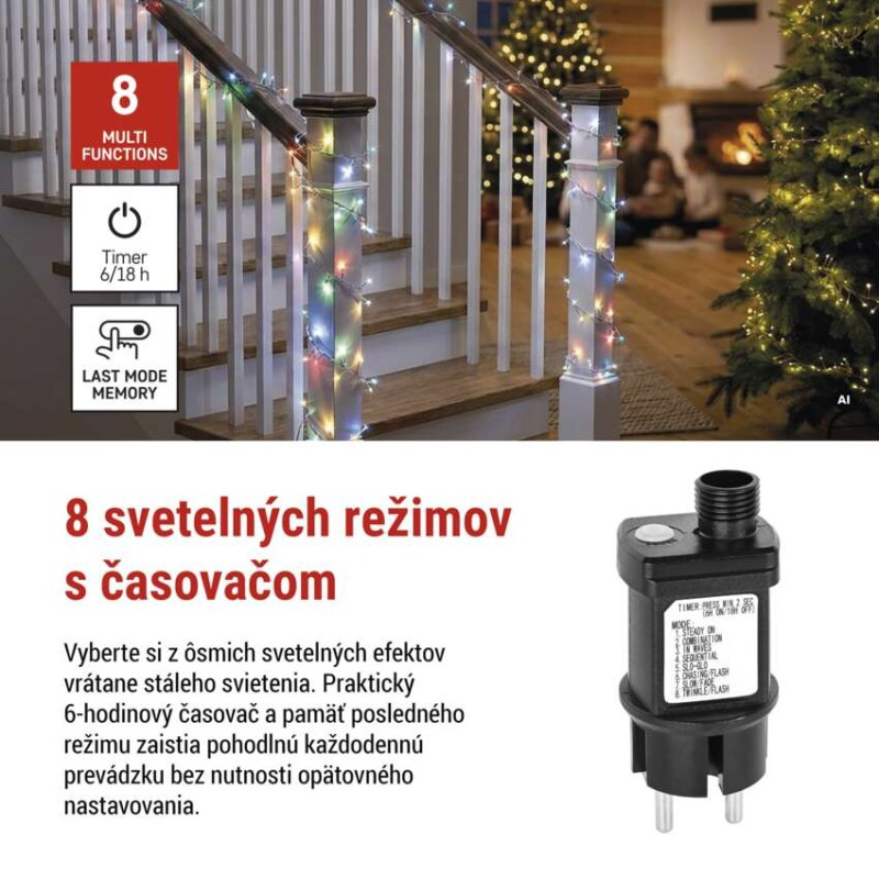 LED nano reťaz na cievke, strieborný, 9,6 m, multicolor, časovač 3