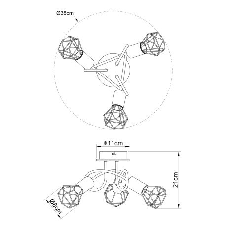Stropné svietidlo, kov čierny, drevo hnedé, Ø:380, V:210, bez žiaroviek 3xE14, max. 40W 230V 19