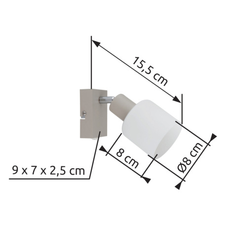 Nástenné svietidlo, kov, piesková matná, kov chrómovaný, sklo biele, kolískový vypínač na výrobku, Š 16