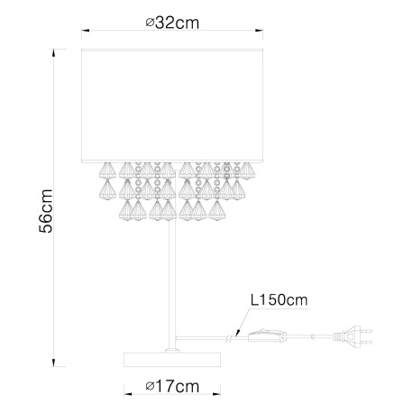 Stolová lampa, kov nikel matný, textil strieborný, akrylové krištále priehľadné, kábel 1,5m, vypínač 8