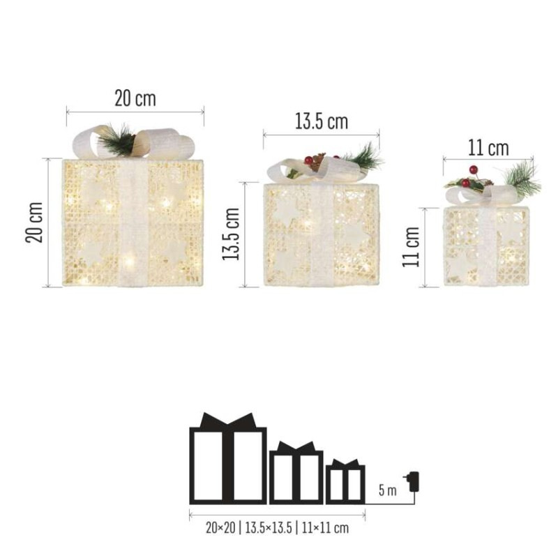 LED darčeky s ozdobou, 3 veľkosti, vnútorné, teplá biela 2