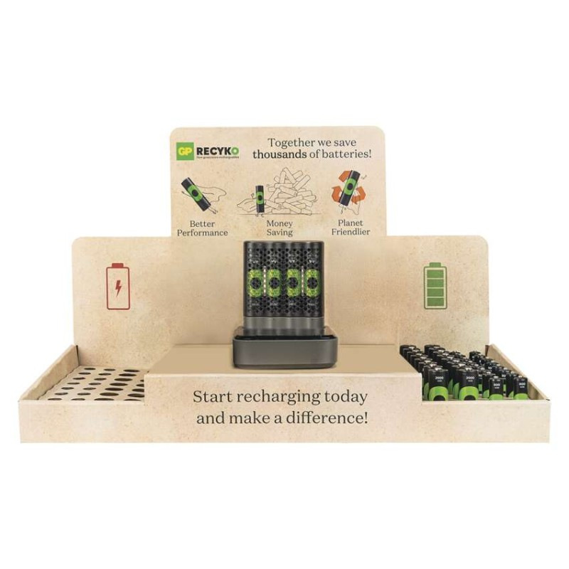Stojan GP ReCyko Standard / 1×nabíjačka GP + dok / 16×AA + 16×AAA / 1×USB-A adaptér 1