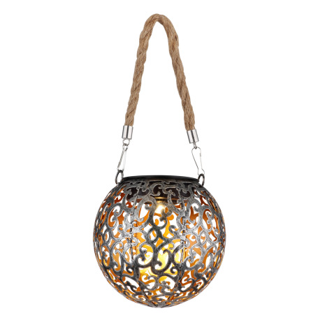 Solárne svietidlo, kov sivý, antik, kov medený, plast čierny, konopné lano, vypínač, akumulátor AAA