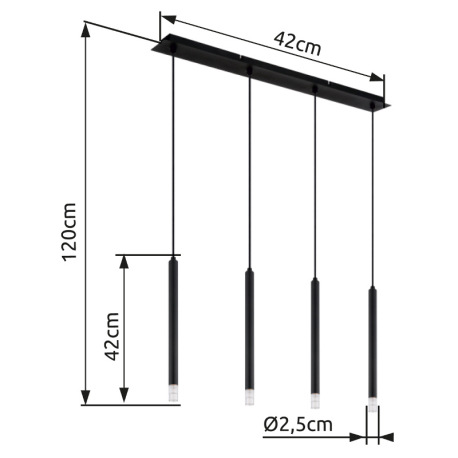 Závesné svietidlo, kov čierny, akryl satinovaný, číry, kábel PVC čierny, DxŠxV: 760x80x1200mm, bez ž 10