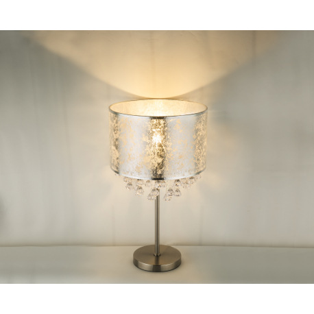 Stolová lampa, kov nikel matný, textil strieborný, akrylové krištále priehľadné, kábel 1,5m, vypínač 5