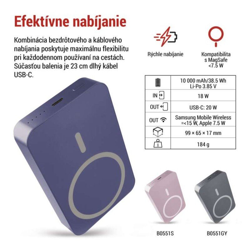 Power bank EMOS WI 1046, 10 000 mAh, 20 W+Wireless, modrá 5