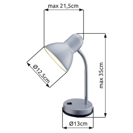 Stolová lampa, kov stieborný, plast, vypínač, ŠxV: 215x350, bez žiarovky 1xE27, max. 40W 230V. 2