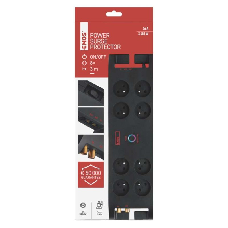 Prepäťová ochrana EMOS – 8 zásuviek, 3m, čierna 3