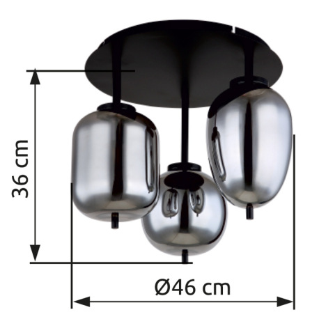 Stropné svietidlo, kov čierny, dymové sklo, ø: 460mm, V:360mm, bez žiaroviek 3x E14, max. 40W 230V 8