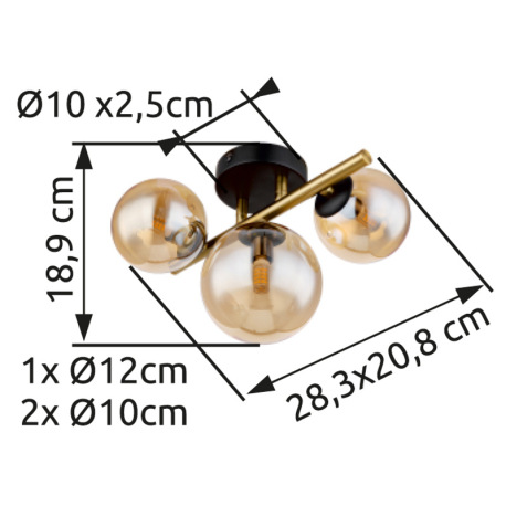 Stropné svietidlo, kov čierny, kov mosadz, sklo jantárové, DxŠxV:280x210x190mm, vrátane 3x G9 LED 3, 11