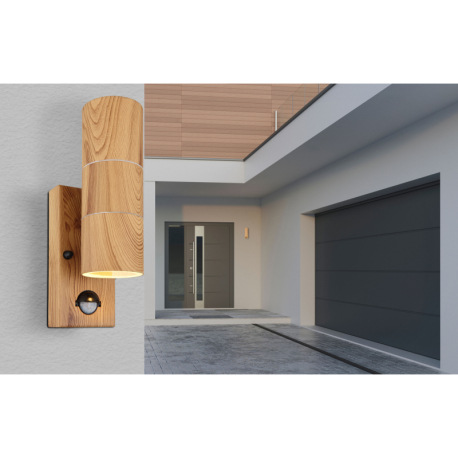 Vonkajšie svietidlo z nehrdzavejúcej ocele, imitácia dreva, sklo číre, vrátane senzora, IP44, ŠxV: 7 1