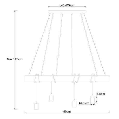 Závesné svietidlo, kov čierny matný, drevo, DxŠxV: 900x70x1200, bez žiaroviek 4xE27, max. 60W 230V 7