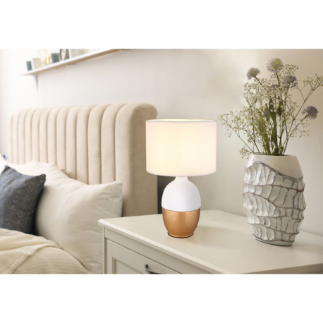 Stolná lampa keramická biela/zlatá farba, textil biely, kábel PVC čierny, kolískový vypínač na kábli 4