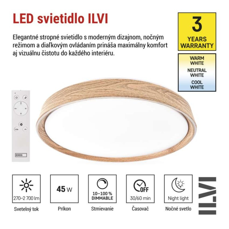 LED nástenné svietidlo ILVI, kruhové 45 W, stmievanie + CCT, drevo 3