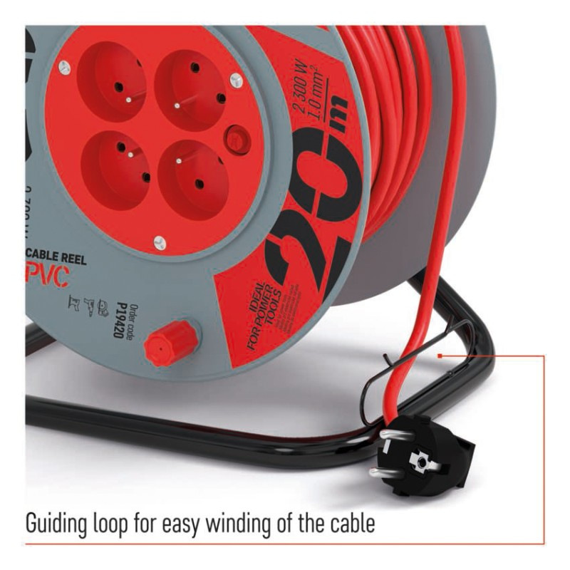 Predlžovací kábel na bubne 20 m / 4 zásuvky / červený / PVC / 230 V / 1 mm2 3