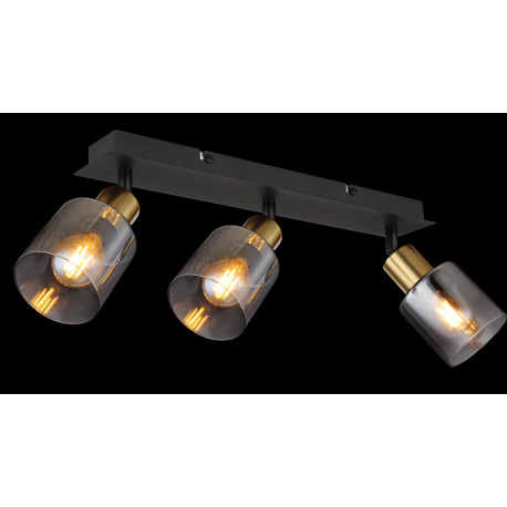 Stropné svietidlo, kov čierny matný, kov zlatý matný, sklo dymové, priehľadné, DxŠxV: 400x80x182mm, 2