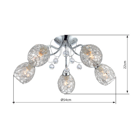 Stropné svietidlo, kov, chróm, chrómové opletenie, sklenené kryštály, akrylové krištále priehľadné, 3