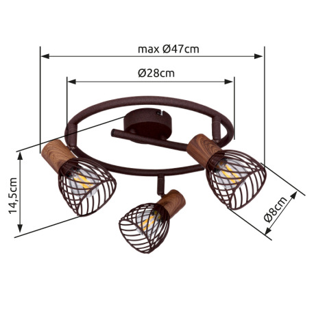 Stropné svietidlo, kov vo farbe imitujúcu hrdzu, kov imitácia dreva, Ø280, V:160, bez žiaroviek 3xE1 8