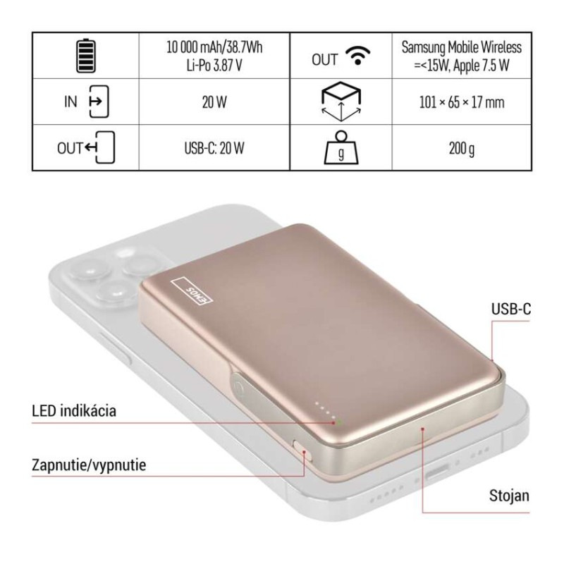 Power bank EMOS WI 1031, 10 000 mAh, 20 W + wireless, ružovo-zlatá 4