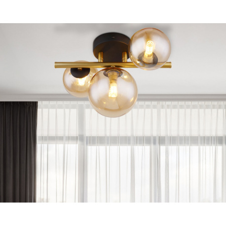 Stropné svietidlo, kov čierny, kov mosadz, sklo jantárové, DxŠxV:280x210x190mm, vrátane 3x G9 LED 3, 13