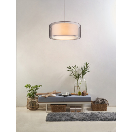 Závesné svietidlo, kov nikel matný, plast, textil sivý, satinovaný akryl, výška tienidla 23 cm, ø 53 3