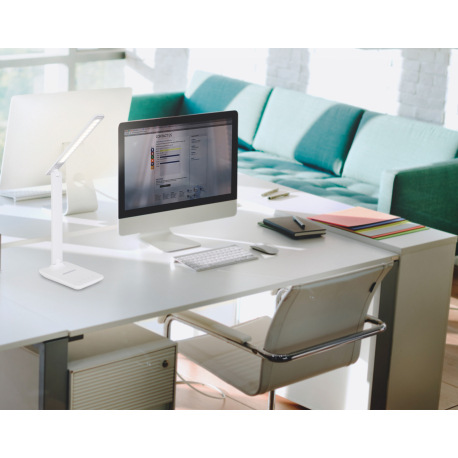 Stolová lampa, plast biely, imitácia kože, vypínač, fixácia farieb, dotykový stmievač, DxŠxV: 420x11 1