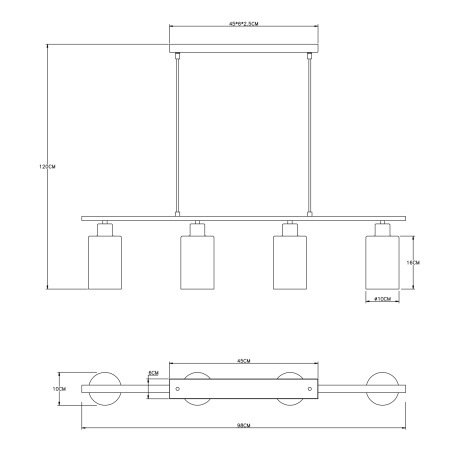 Závesné svietidlo, kov čierny matný, dymové sklo, DxŠxV:980x100x1200, bez žiaroviek 4xE27, max. 60W 15