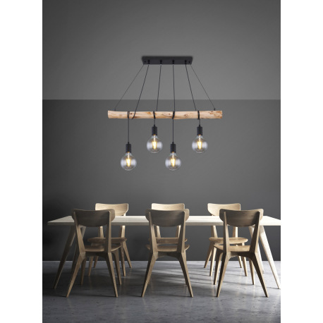 Závesné svietidlo, kov čierny matný, drevo, DxŠxV: 900x70x1200, bez žiaroviek 4xE27, max. 60W 230V 9