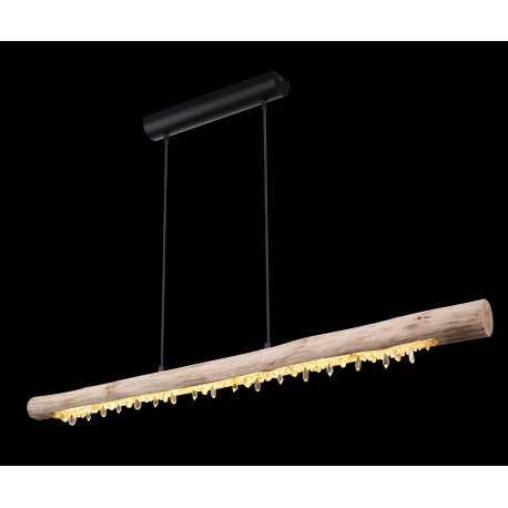 Závesné svietidlo, kov čierny matný, prírodné drevo, akrylové krištále číre, kábel čierny, 3 úrovne 2