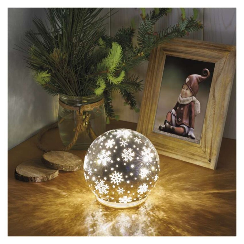 LED vianočná sklenená guľa – vločky, 12 cm, 3x AA, vnútorný, teplá biela, časovač 3