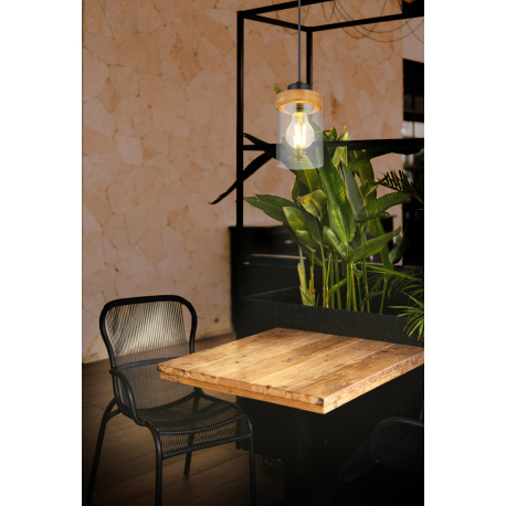 Závesné svietidlo, kov čierny, drevo, dymové sklo, ø: 100mm, V:1500mm, bez žiarovky 1x E27, max. 40W 1