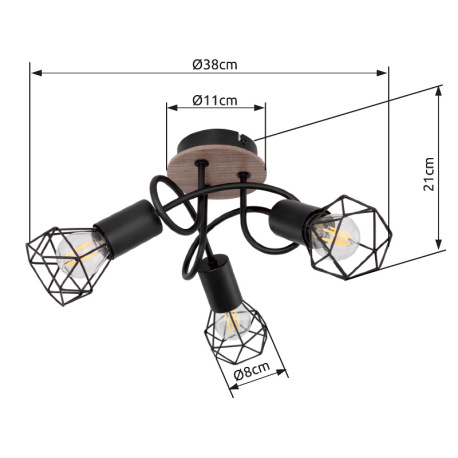 Stropné svietidlo, kov čierny, drevo hnedé, Ø:380, V:210, bez žiaroviek 3xE14, max. 40W 230V 20